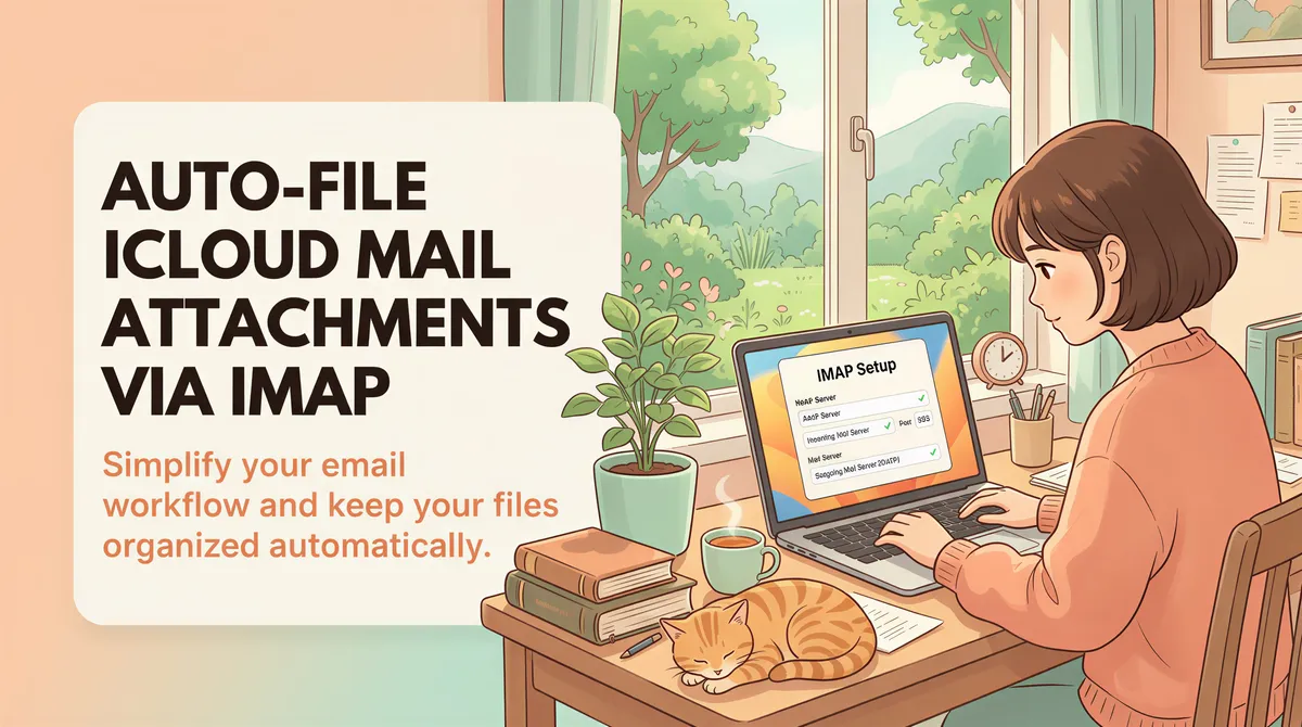 Studio Ghibli-inspired banner for AutoFileEmail IMAP workflow with iCloud Mail