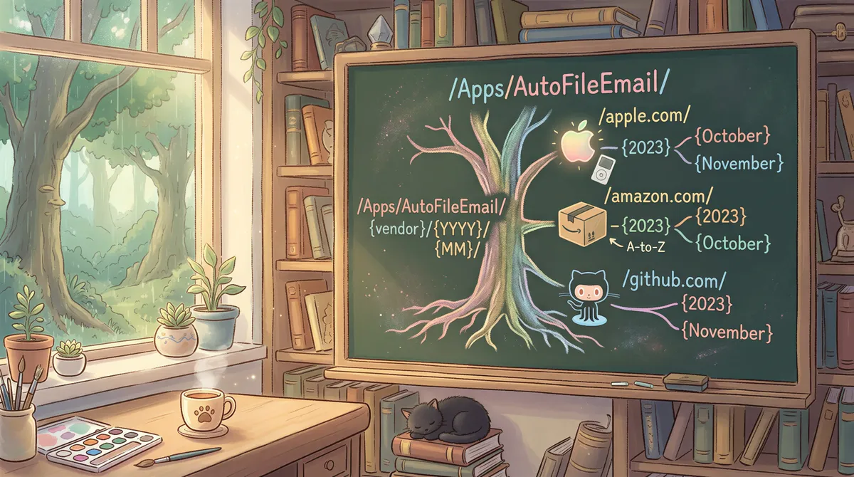 Folder structure for iCloud Mail filing into AutoFileEmail visualized in pastel Studio Ghibli style