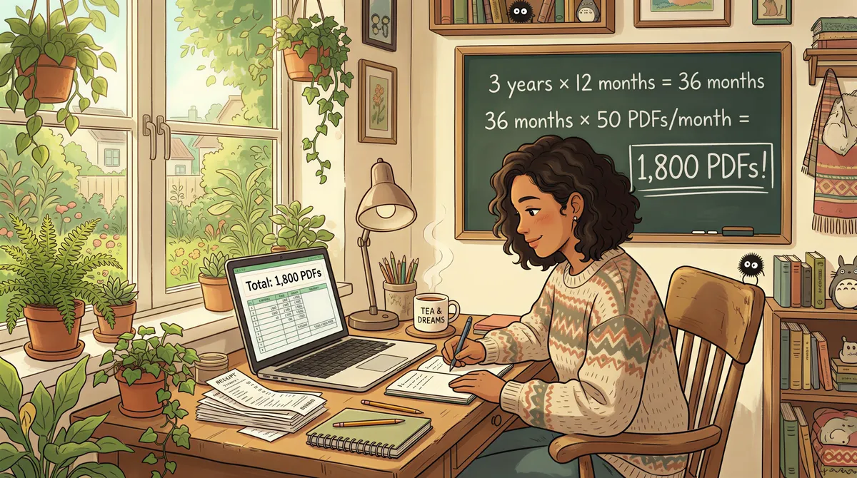 Founder calculating three years of receipts totals with 1,800 PDFs represented visually