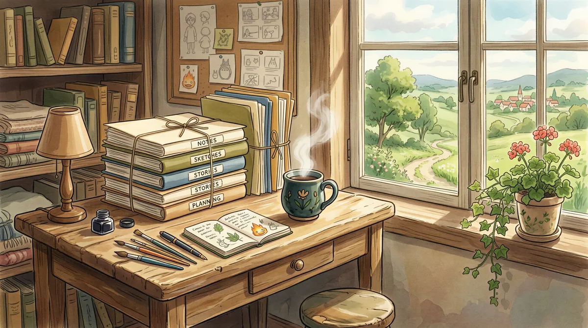 Quiet workspace with organized folders and a cup of tea representing calm bookkeeping