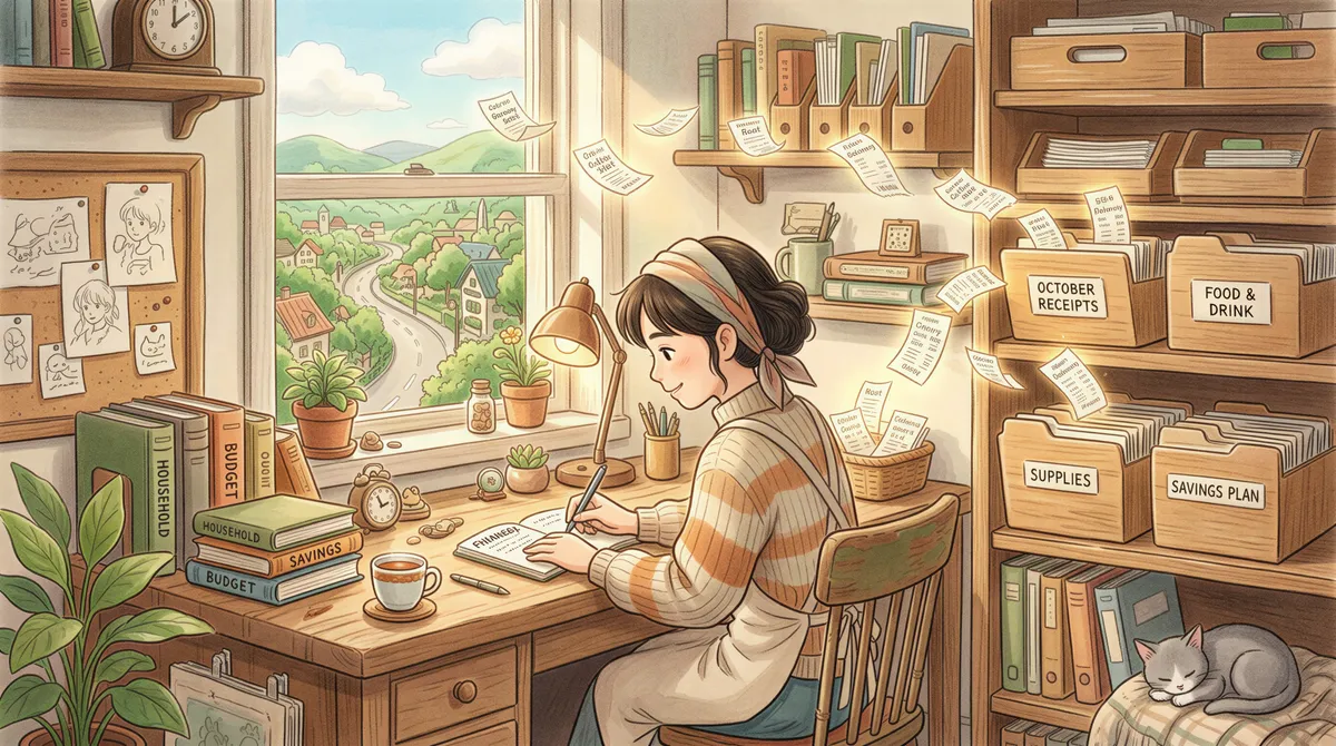 Illustration of receipts being organized and extracted in a dreamy Studio Ghibli office