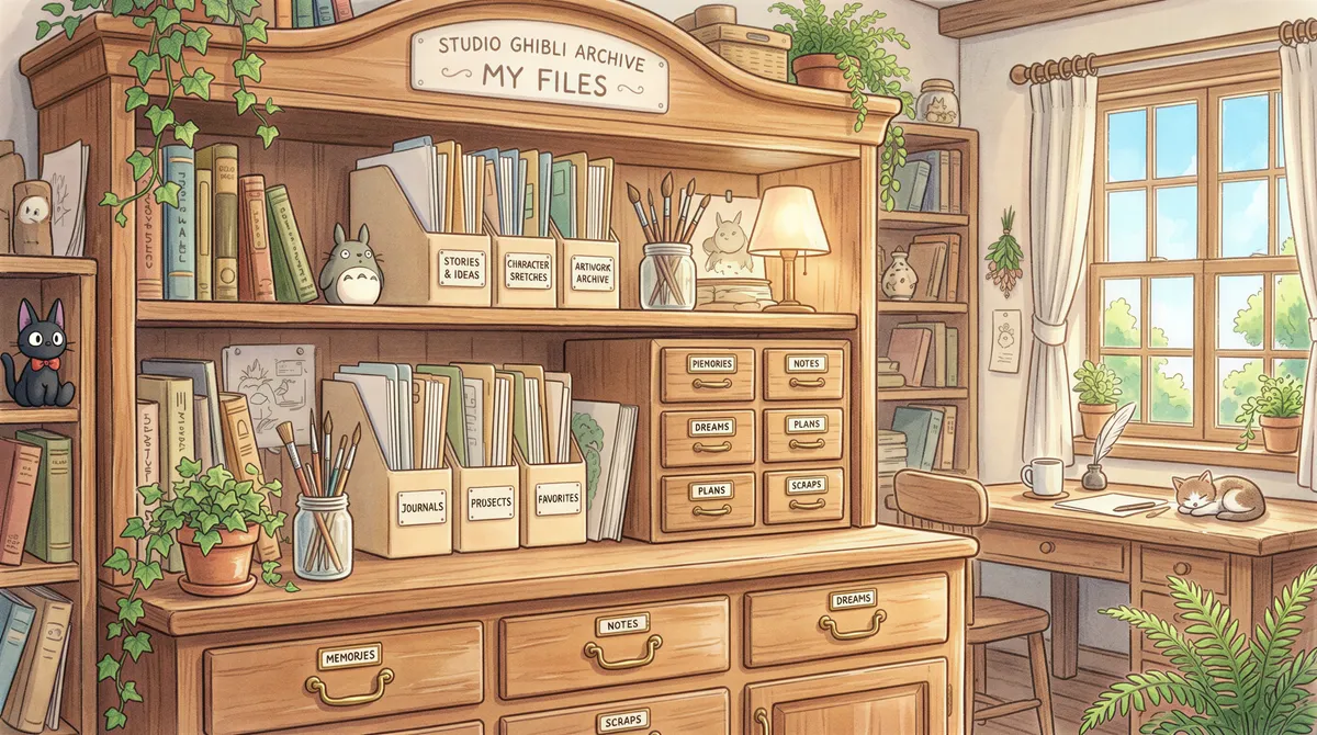 Neat filing system with folders categorized by year and month in a Ghibli style room