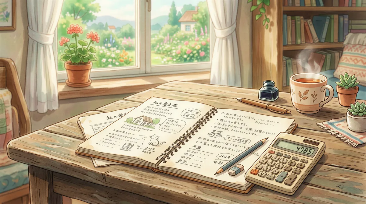 Simple arithmetic and pricing concept illustrated in a whimsical cozy workspace