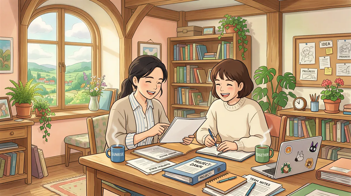 Studio Ghibli aesthetic. Two colleagues smiling and reviewing business documents together in a sunlit wooden office with warm pastel walls and comfortable seating.