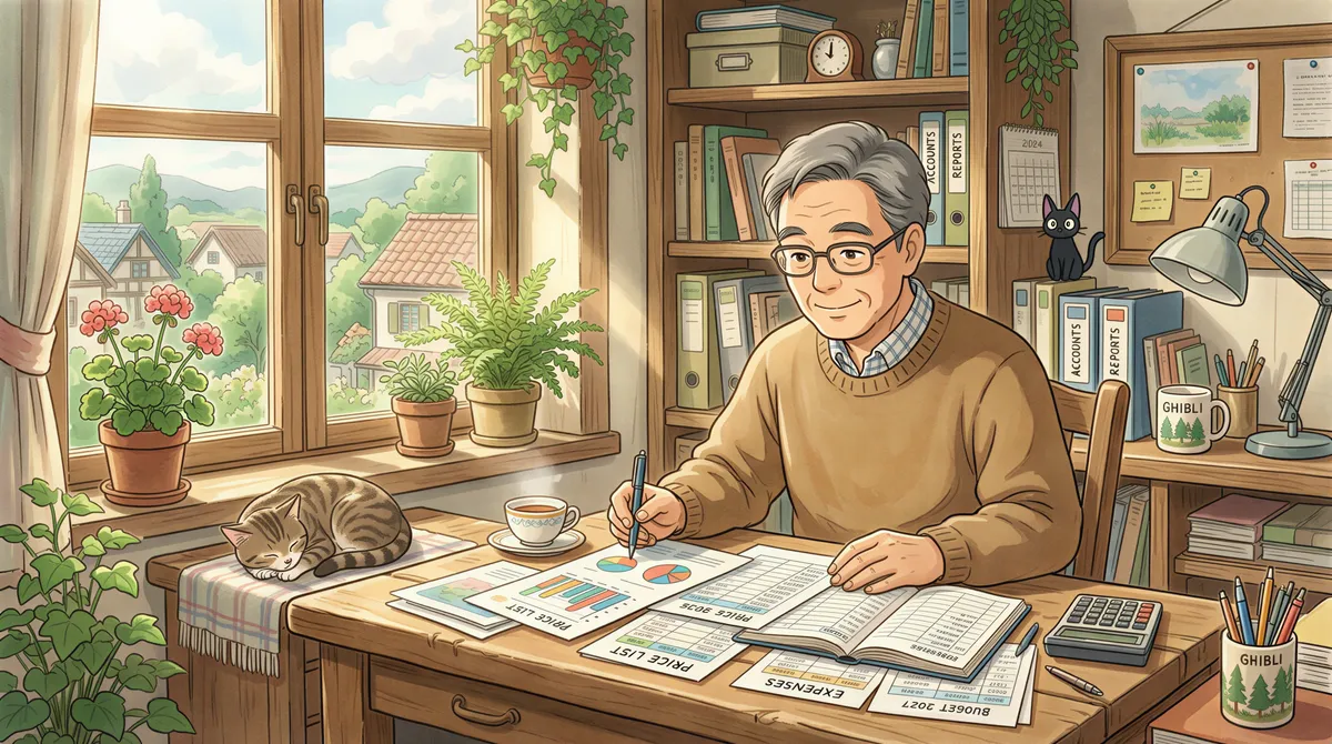 Studio Ghibli aesthetic. A friendly accountant sitting at a rustic wooden desk, carefully reviewing pricing charts and ledger documents by a window with soft pastel sunlight streaming through. Warm, cozy, and calm mood.