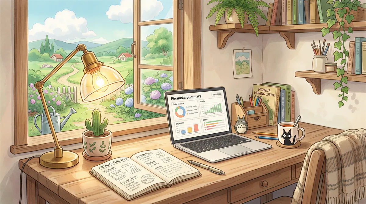 Studio Ghibli aesthetic. A cozy home workspace overview with a warm desk lamp lighting up a clean notebook, a small cactus plant, and a laptop displaying a financial summary. Soft pastel color palette.