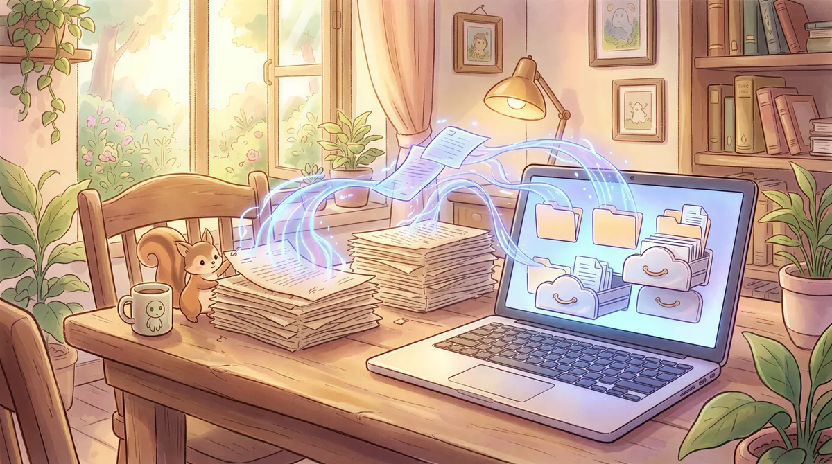 Studio Ghibli aesthetic. A laptop screen glowing softly on a wooden table, with digital folders magically organizing paper documents into neat cloud storage drawers. Warm, whimsical lighting.