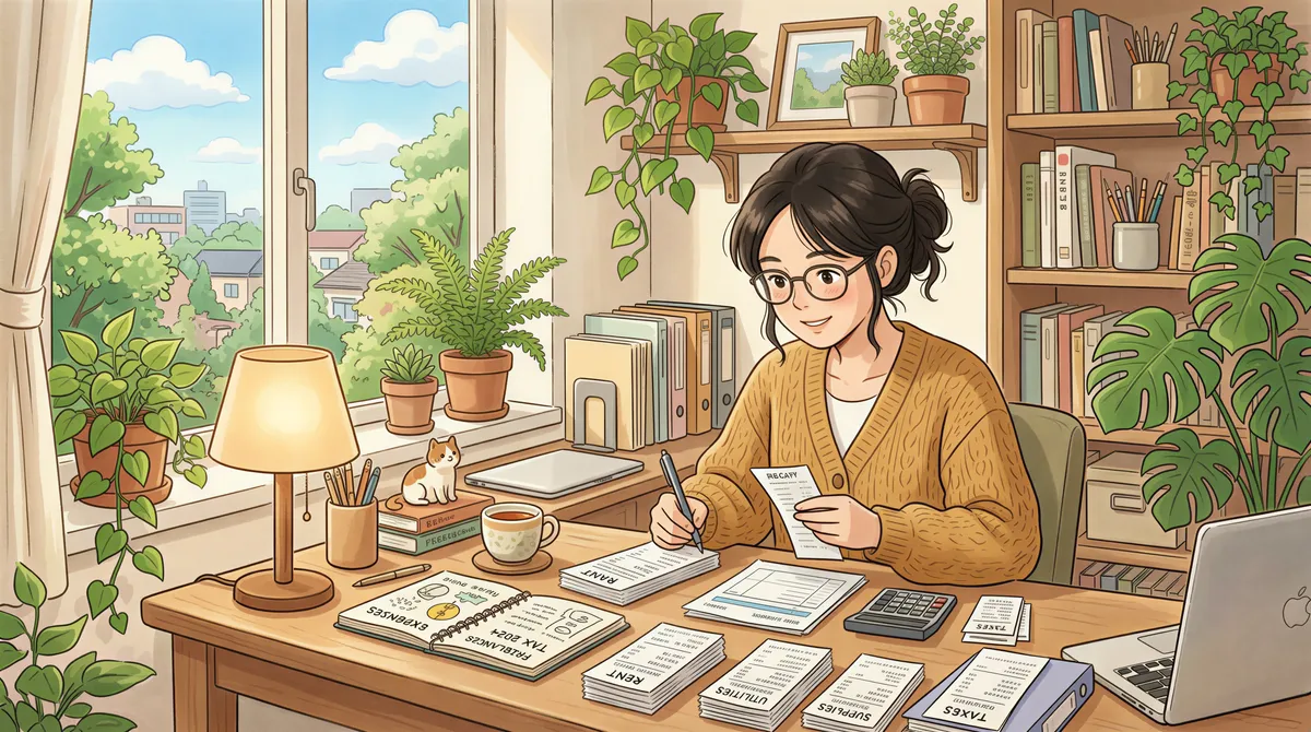 Studio Ghibli aesthetic. A freelancer at a tidy desk counting stacks of paper receipts and bank statements, surrounded by indoor green plants and gentle afternoon light.