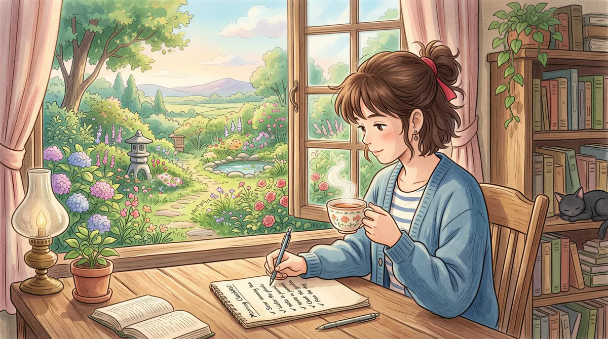 Studio Ghibli aesthetic. A person with a cup of tea checking off a list on a notepad by a window, with soft morning pastel light and a peaceful outdoor garden view.