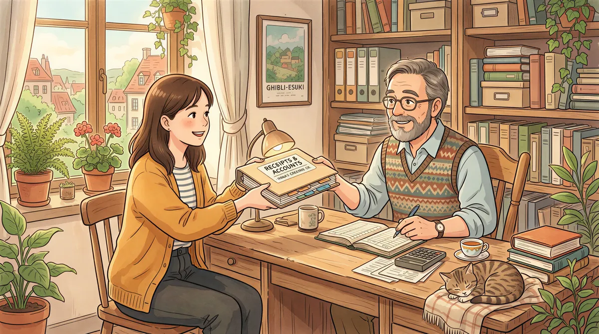 Studio Ghibli aesthetic. A solo entrepreneur handing a neatly organized folder of receipts to a friendly accountant across a warm wooden desk. Soft dreamy lighting and comforting atmosphere.