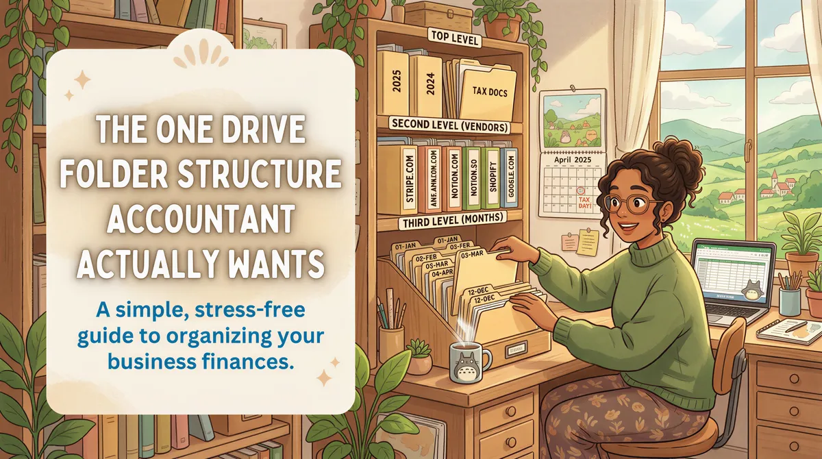 Organized drive folders for receipts by year, vendor, and month with Studio Ghibli-inspired warm vibe