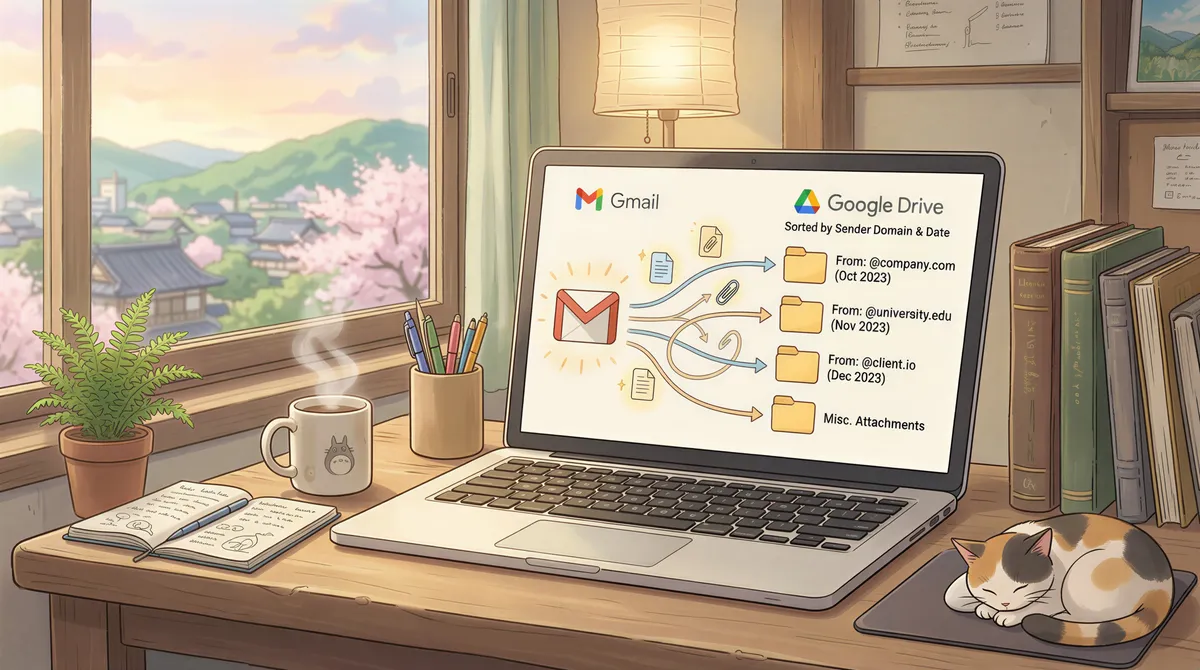 Studio Ghibli-inspired scene of a person evaluating automation options to file Gmail attachments into Drive by domain and date