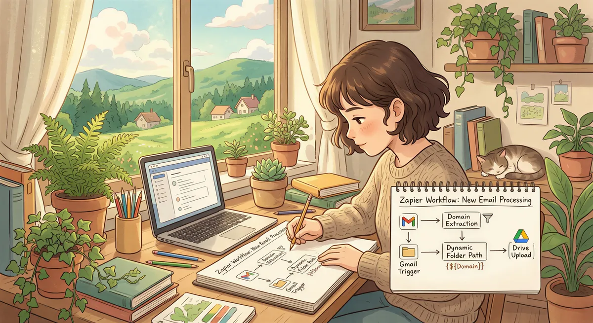 Zapier workflow planning for Gmail-to-Drive with multi-step logic in a warm Studio Ghibli style