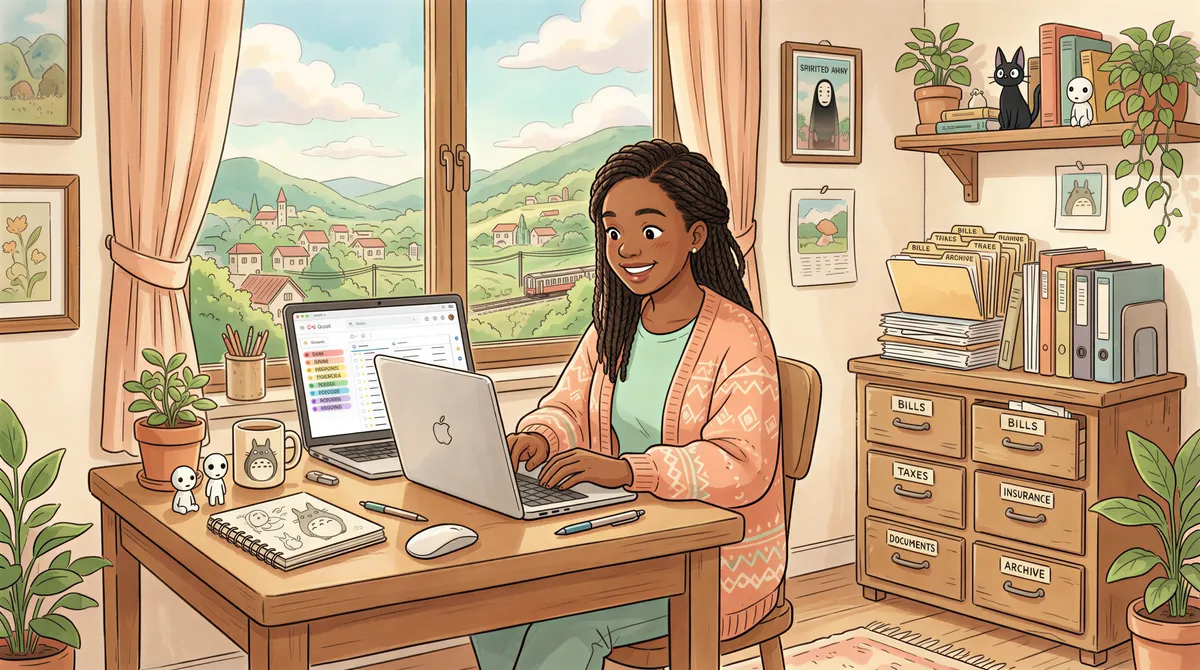 Illustration of Gmail labeling vs. traditional filing system in a cozy home office