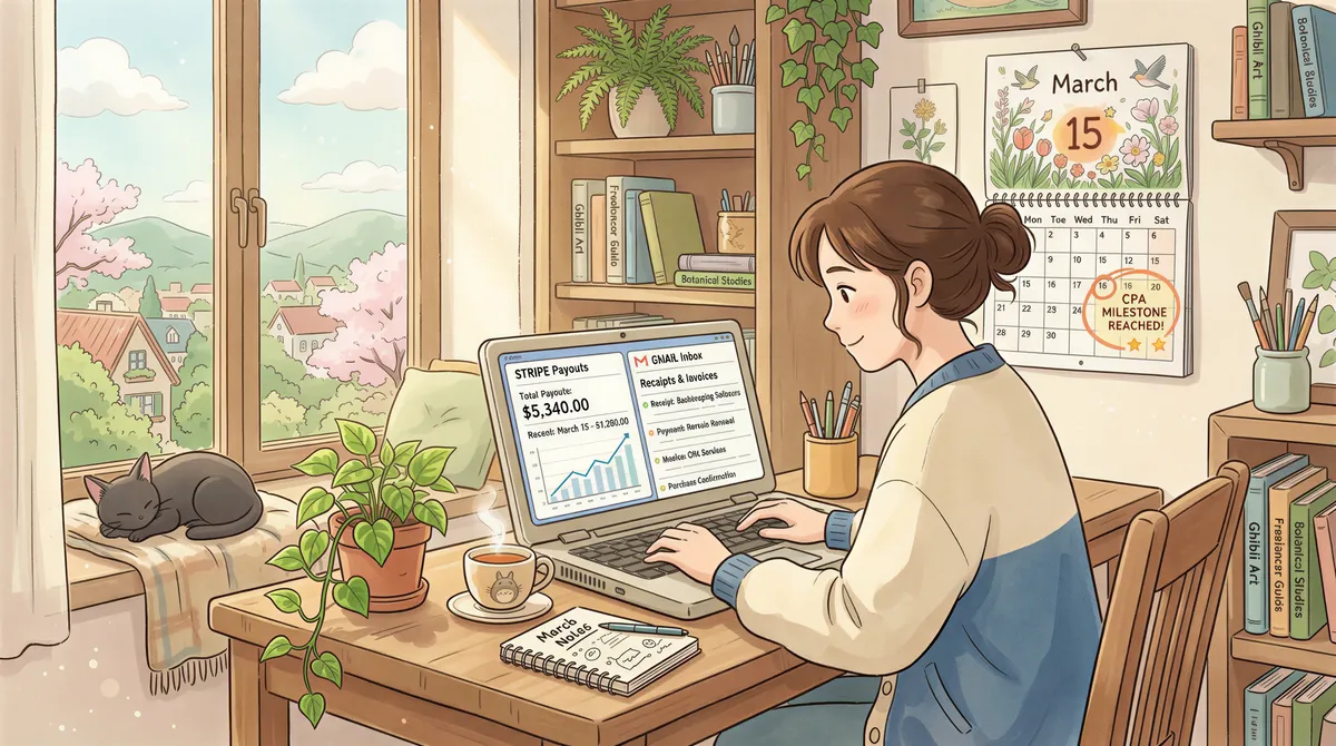 Workflow of a solo founder's books: Stripe, Gmail receipts, CPA in March