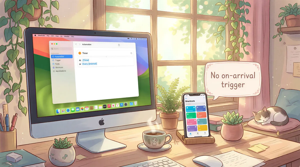 iPhone and Mac showing Shortcuts automation with limited triggers
