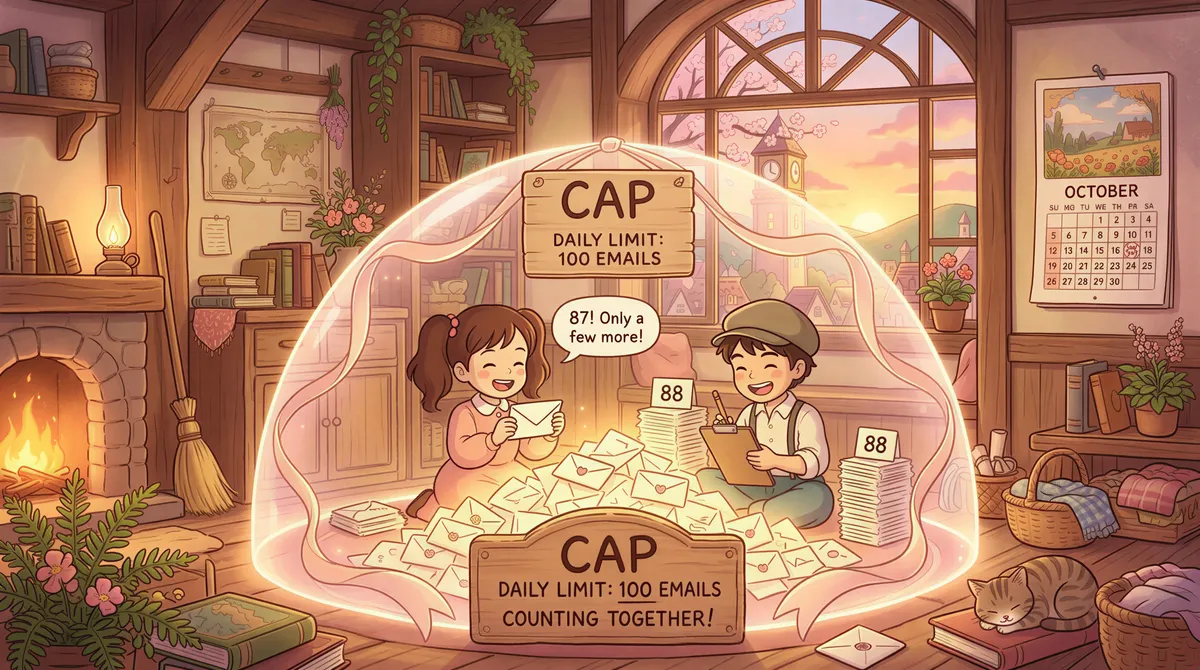 Cap threshold illustrated as a 50,000-email limit barrier