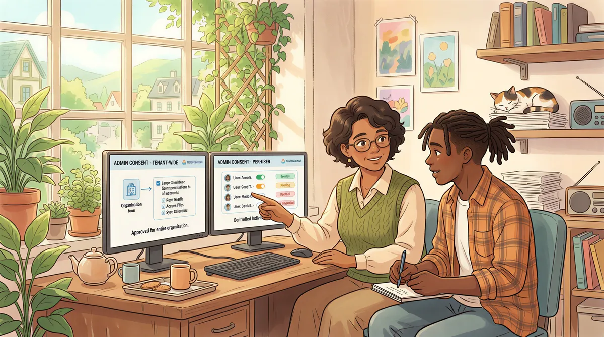 M365 admin consent flow scene in a friendly Studio Ghibli office