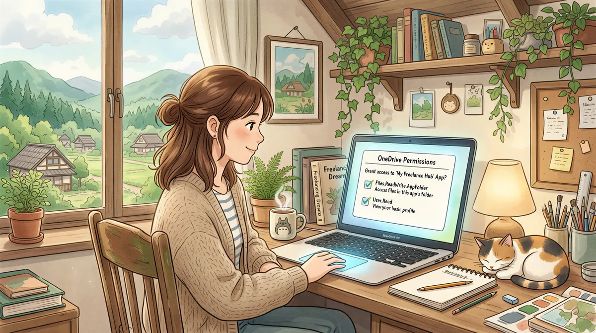 OneDrive connection consent with app folder scope in a gentle Studio Ghibli scene