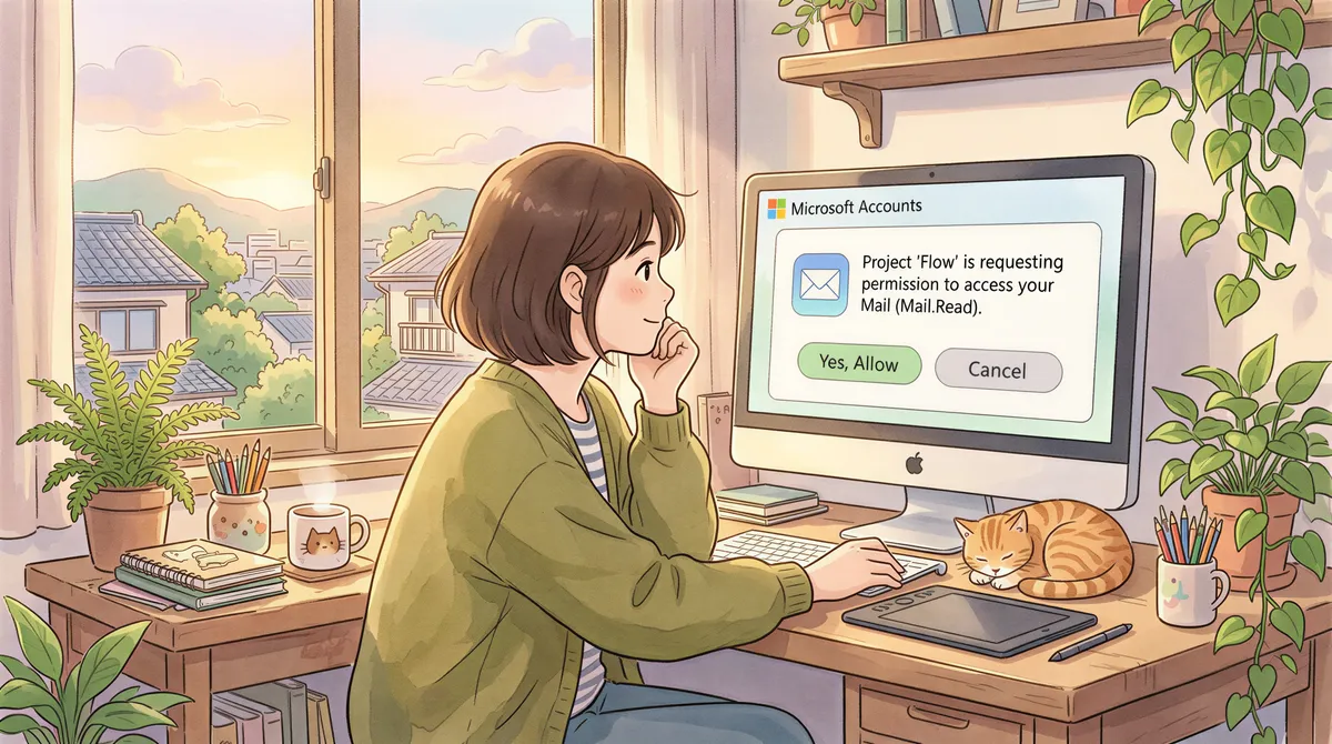 Outlook connection consent scene in a warm Studio Ghibli-inspired setup