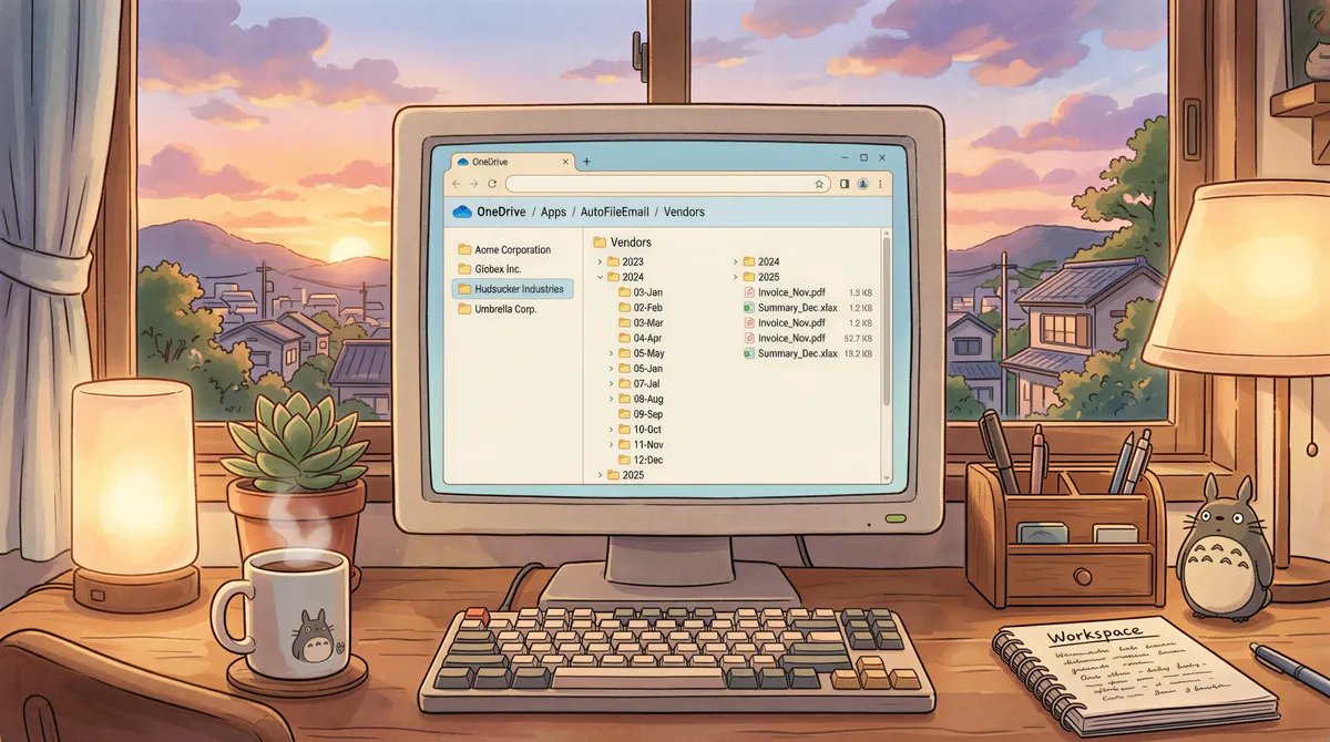 OneDrive filing structure inside AppFolder shown in a Studio Ghibli vibe