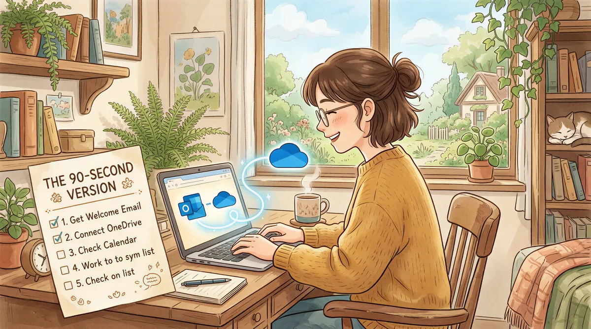 Freelancer onboarding flow for Outlook and OneDrive in a Studio Ghibli setting