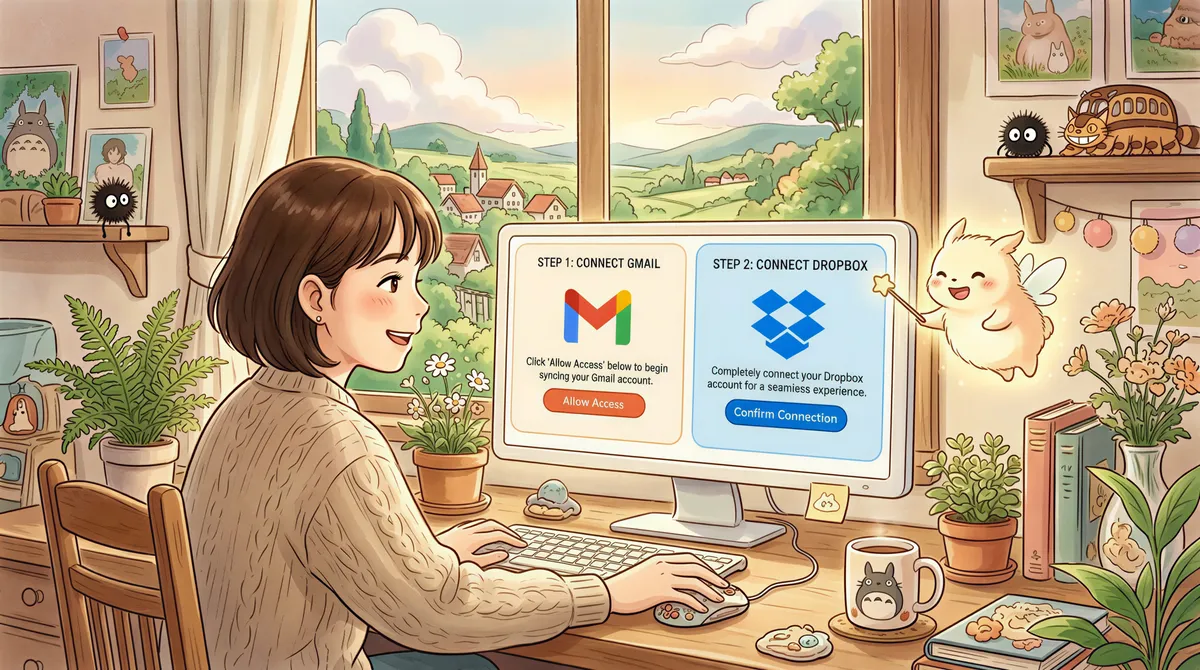 AutoFileEmail onboarding visual showing Gmail and Dropbox connections
