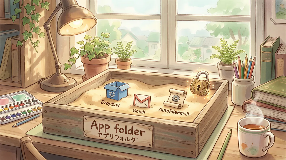 Dropbox App folder sandbox illustration with a lock and cloud icons