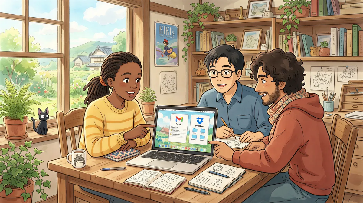 Diverse creative team at a desk with Gmail and Dropbox icons illustrating the Gmail + Dropbox default for agencies