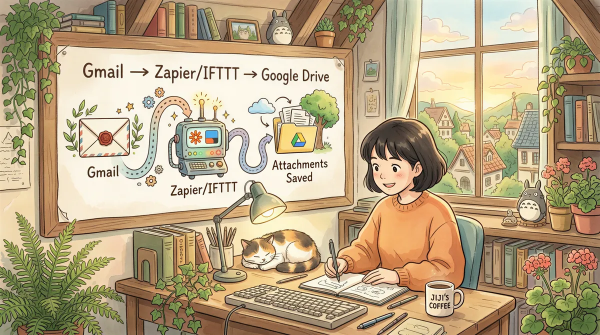 Automation flow from Gmail to Drive using Zapier/IFTTT visualization