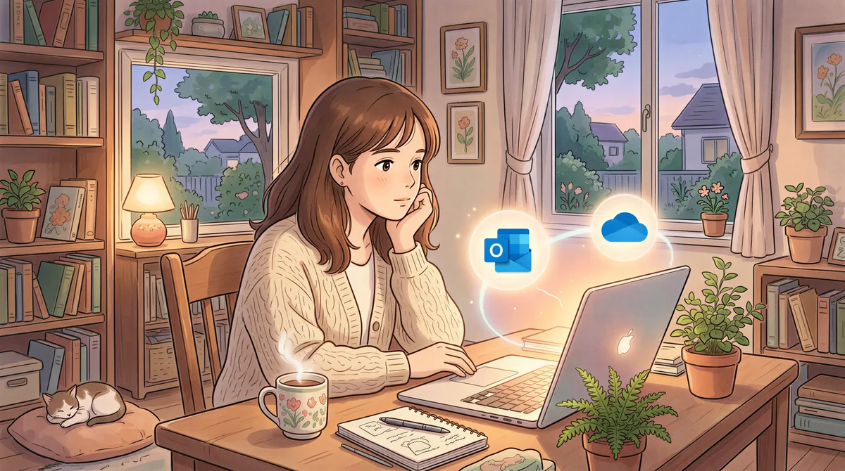 Illustration of Outlook + OneDrive native integration described as 'kind of' in a cozy workstation