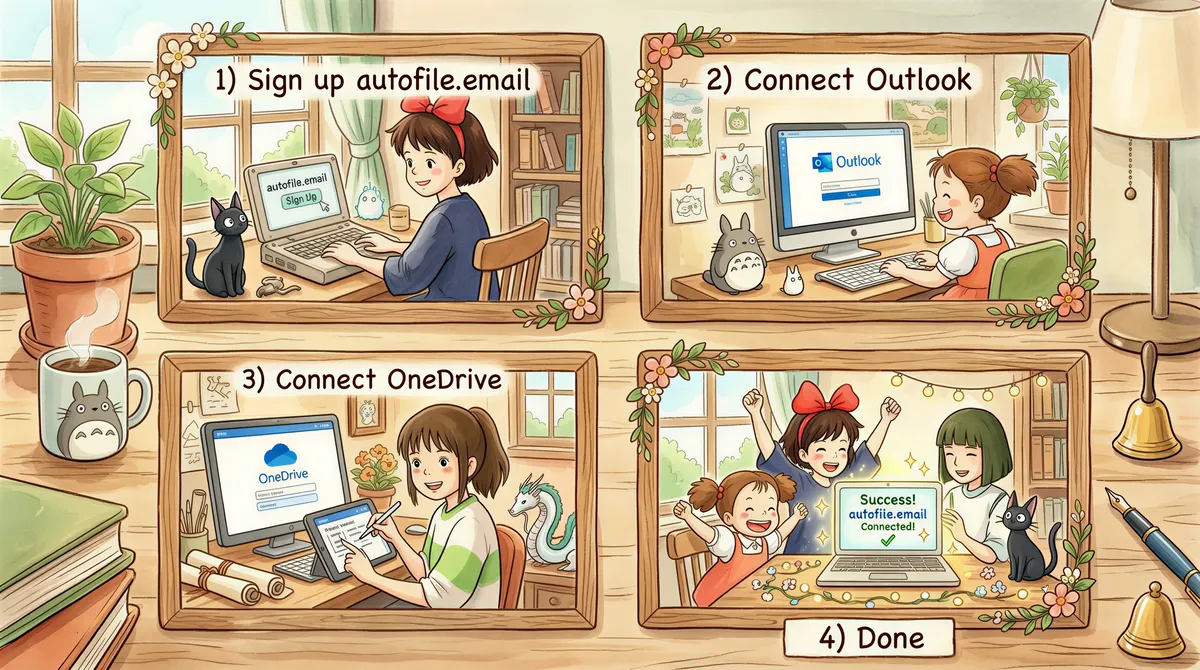 Onboarding steps for AutoFileEmail: sign up, connect Outlook, connect OneDrive, done