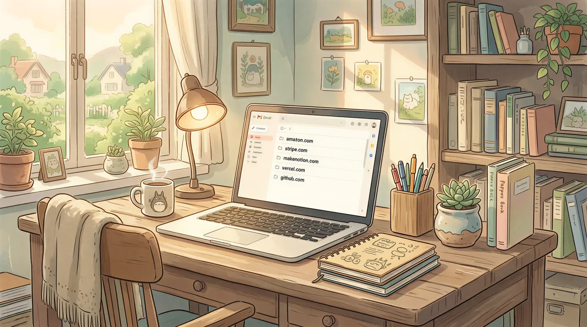 Gmail inbox and domain-based folders organizing receipts in a warm Studio Ghibli style