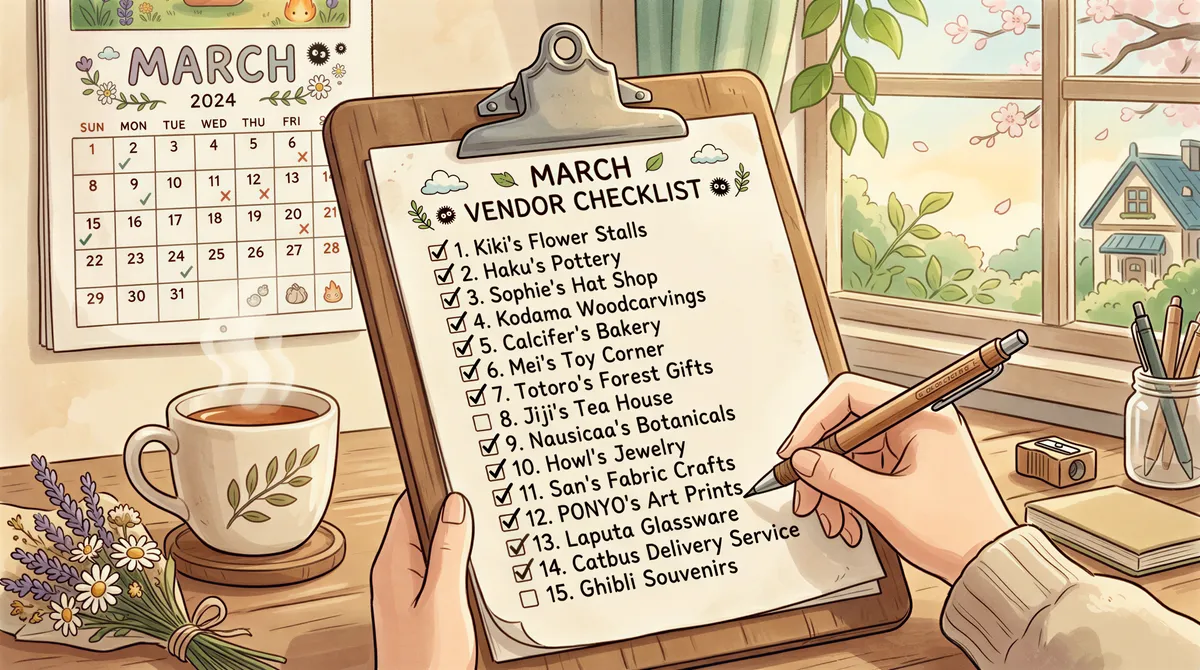 Printed checklist with 15 vendors checked off for tax-time