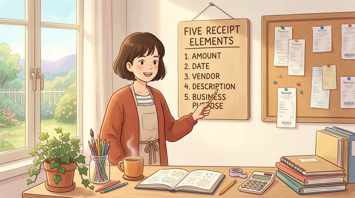 Five elements every receipt must show: amount, date, vendor, description, business purpose