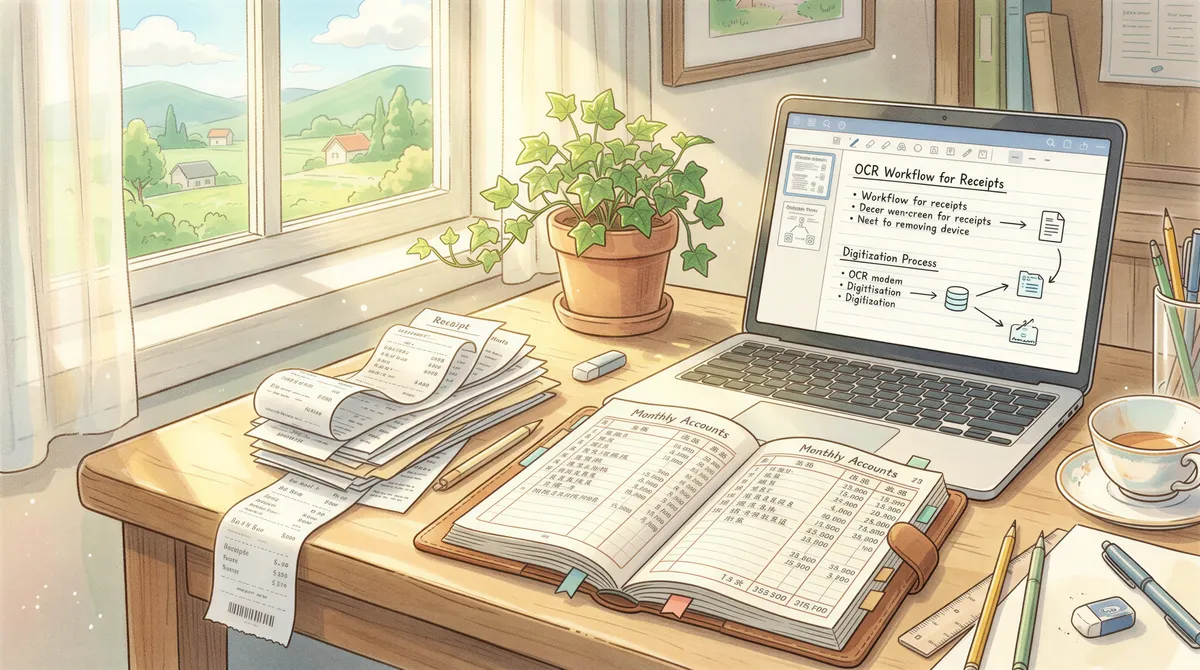 Receipts and bookkeeping concept showing OCR exists as a workflow tool in Studio Ghibli style