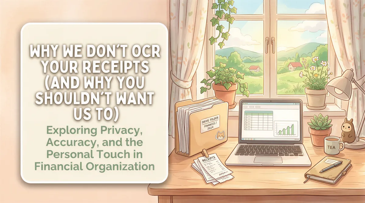 Studio Ghibli-inspired banner about privacy-first receipt filing for a calm, modern workspace