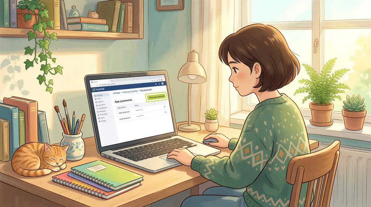 Setting up a FastMail app password on screen in a cozy home office