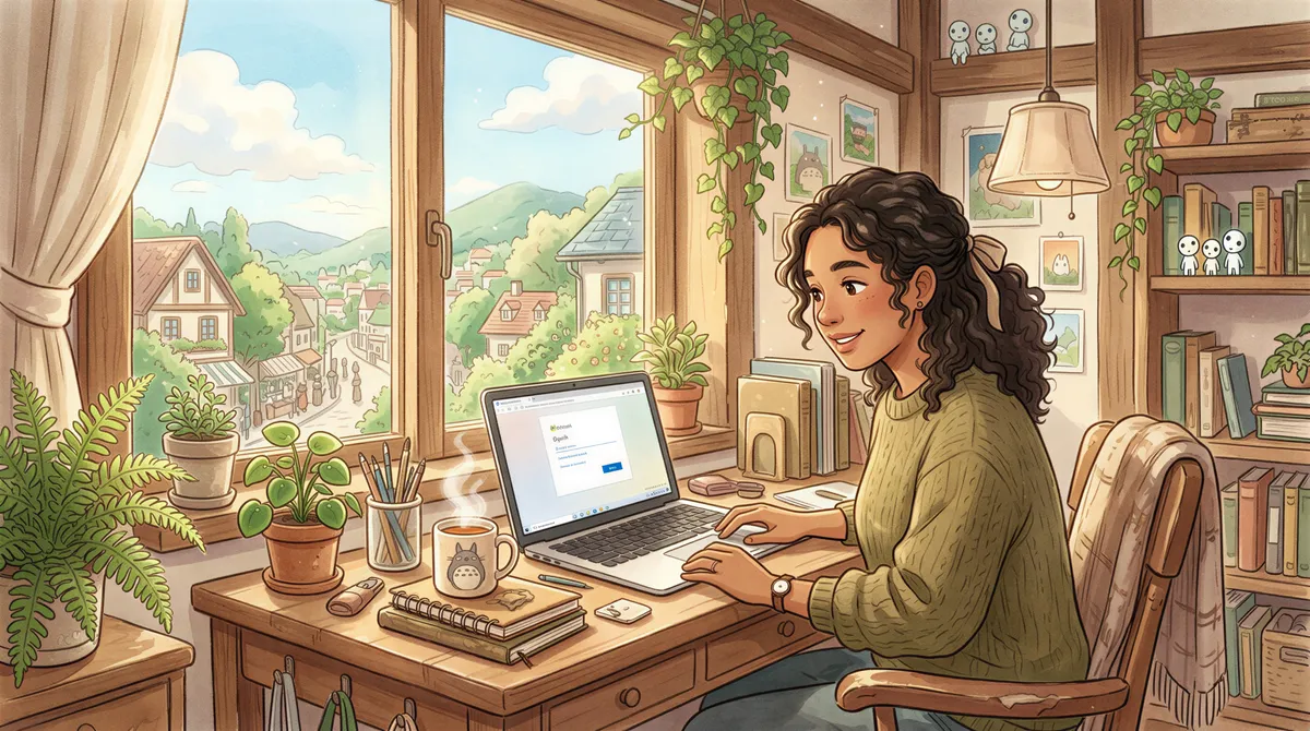 Person realizing Hotmail is now Outlook.com in a cozy work setup