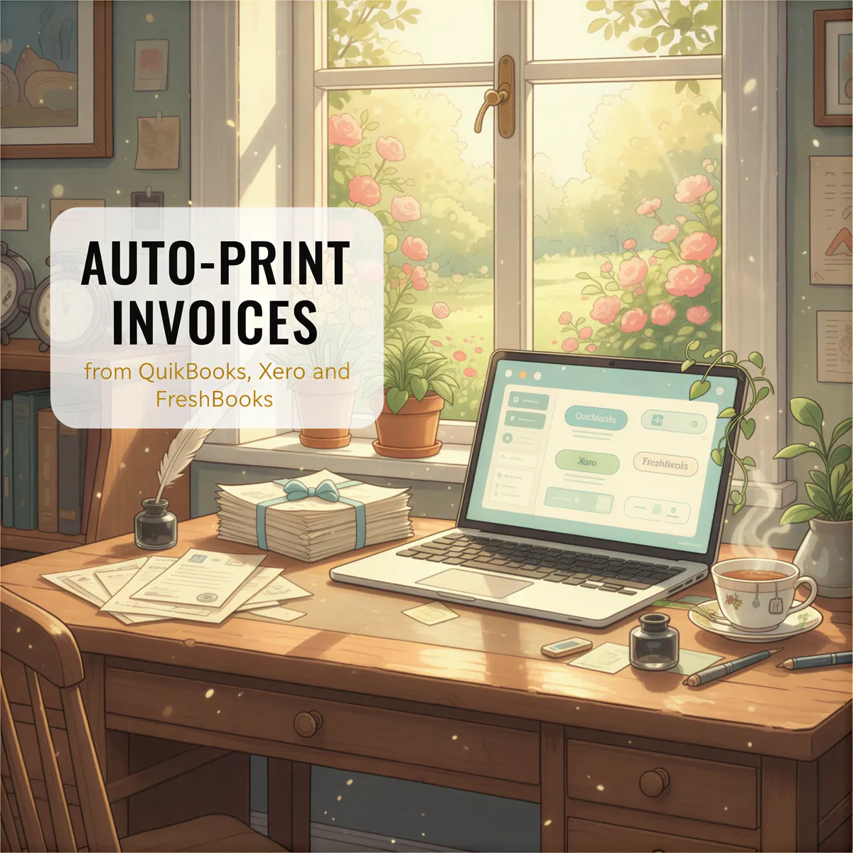 Ghibli-style illustration of neatly stacked, physical invoices next to a glowing laptop displaying digital accounting software screens.