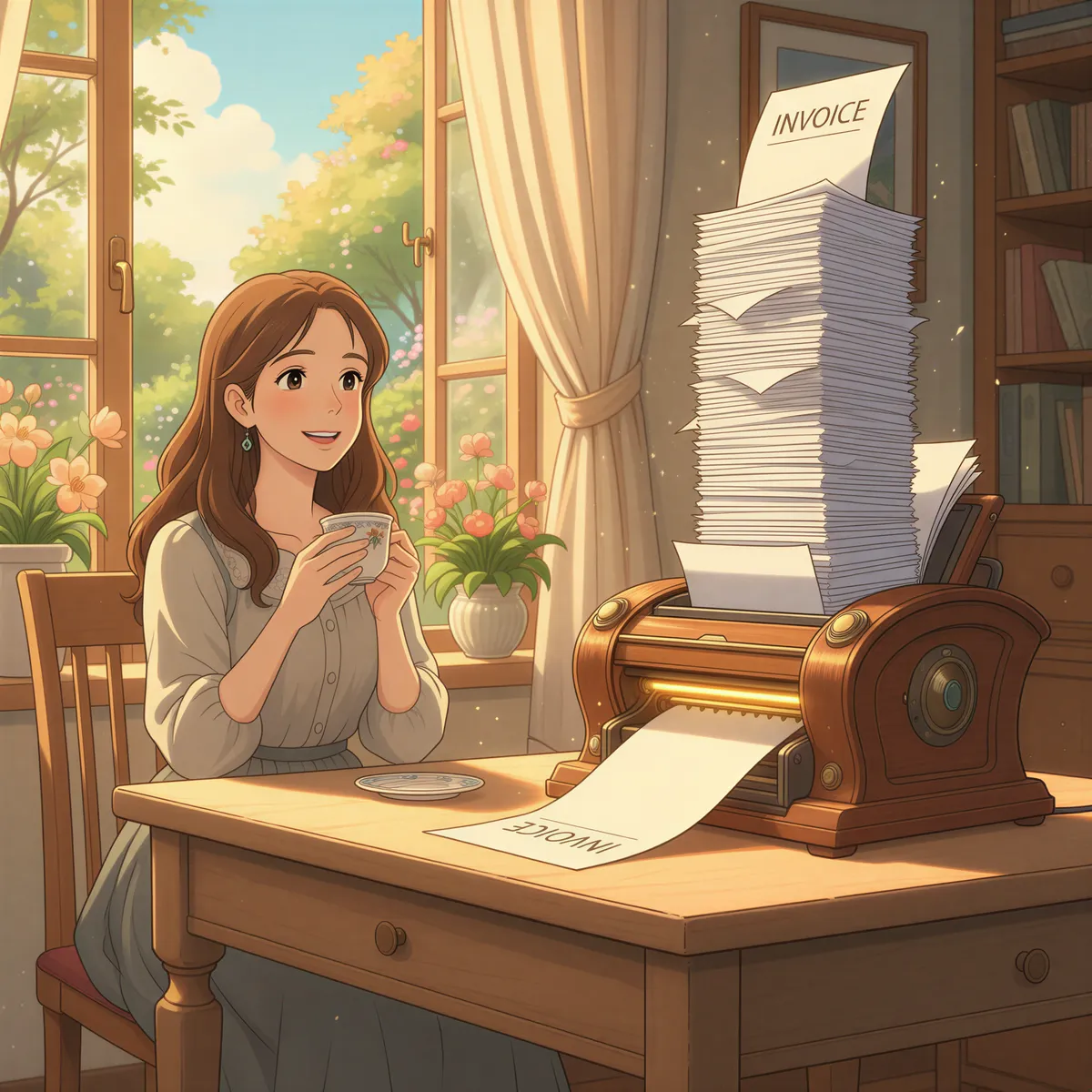 Ghibli scene showing an empty desk suddenly having a perfect stack of printed invoices appearing as a magical, gentle steam rises from the printer.