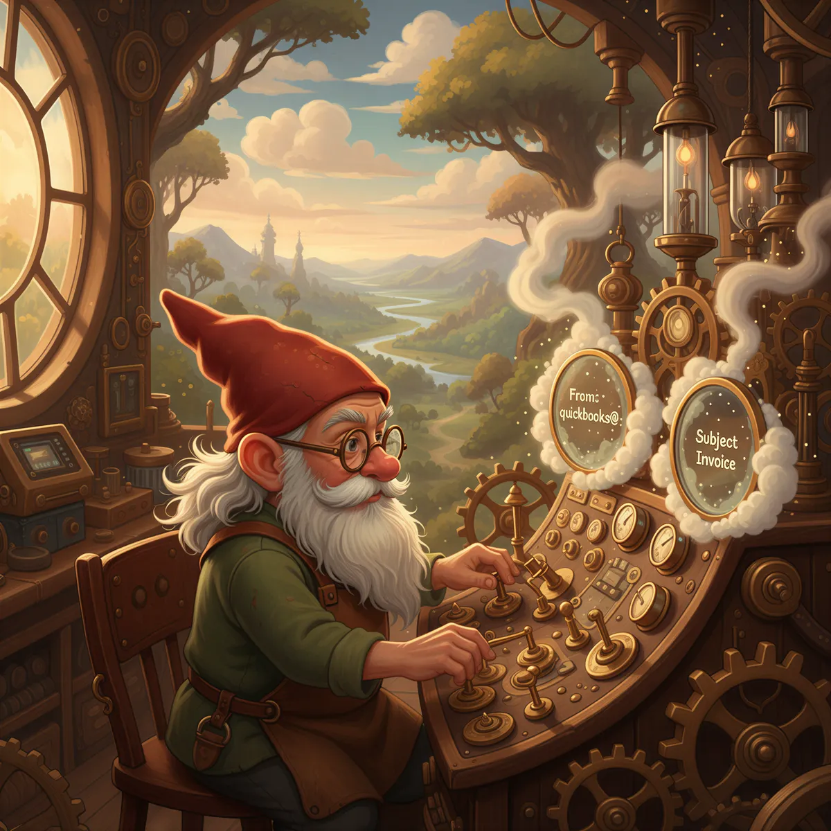 Ghibli style illustration of a small character adjusting intricate gears labeled with email addresses and subject lines to configure a filter for QuickBooks.