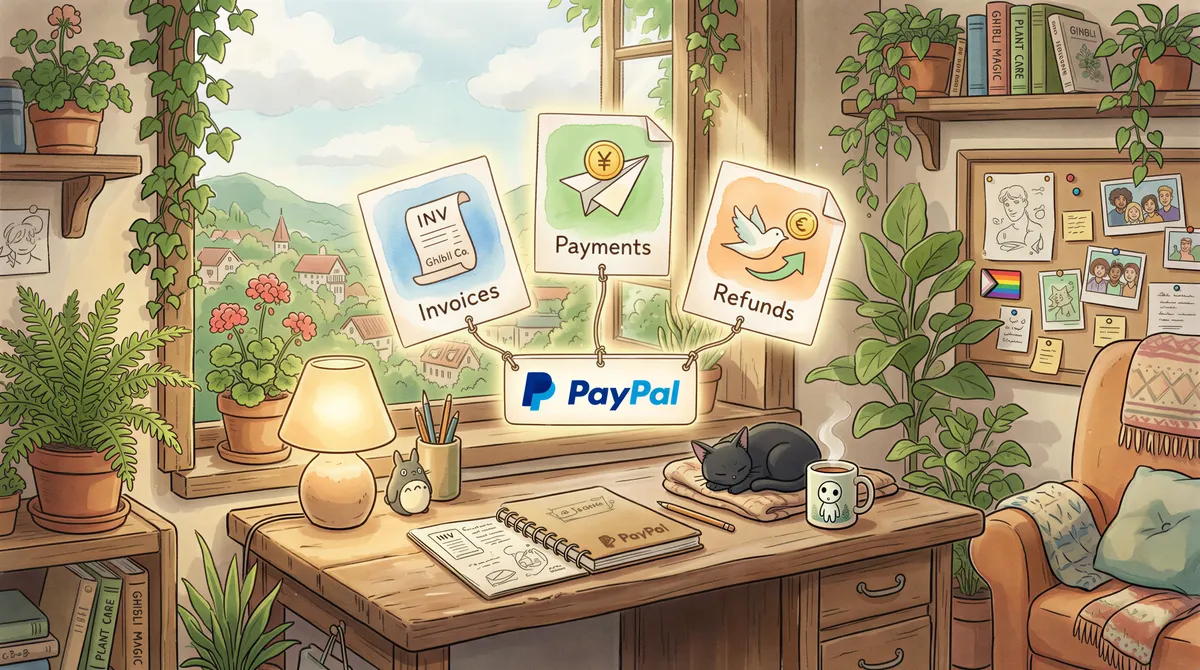 Illustration showing three PayPal email categories: invoices sent, payments received, refunds
