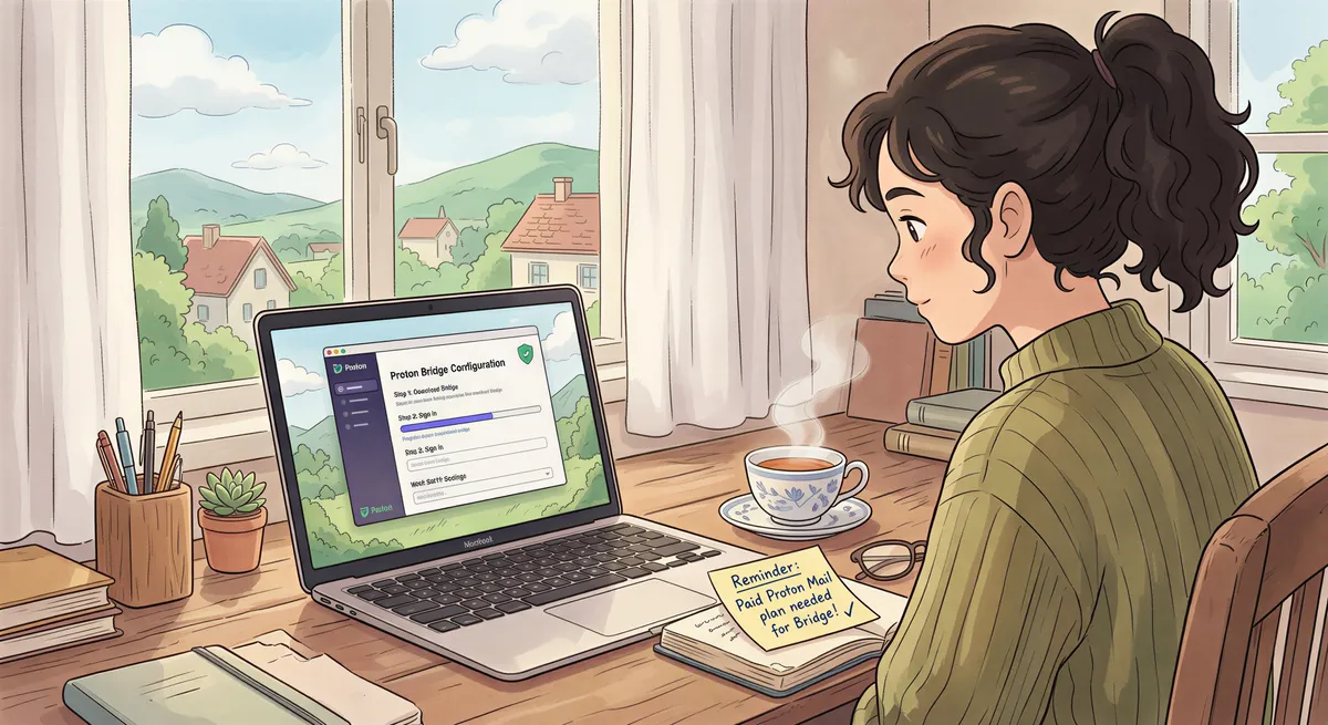 Proton Bridge setup prerequisites shown on a cozy desk