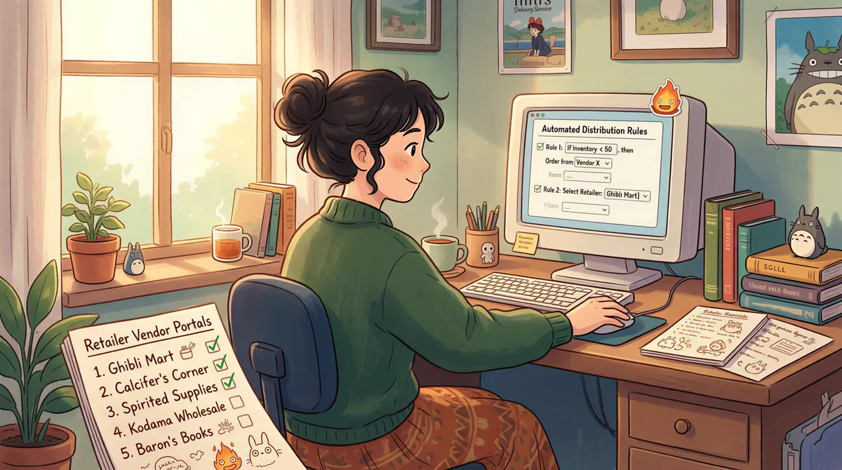 Studio Ghibli aesthetic. A friendly distribution manager setting up automated rules on a computer, with a checklist of retailer vendor portals on the desk. Warm afternoon sunlight, cozy office interior.