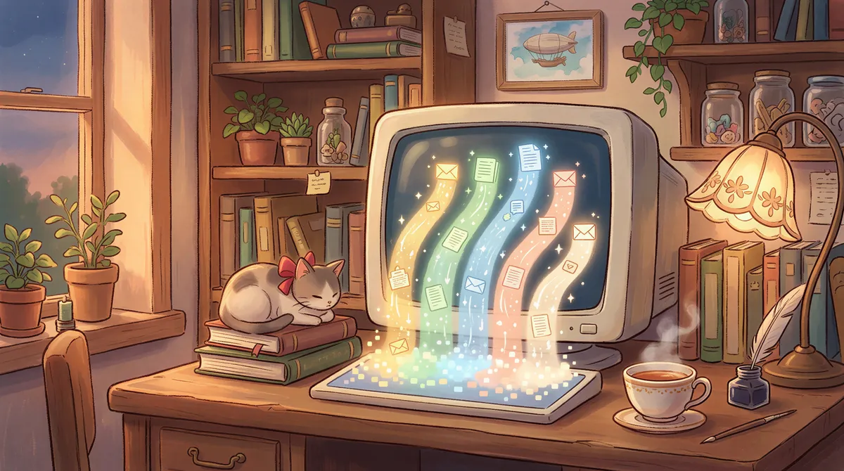 Studio Ghibli aesthetic. A whimsical computer monitor displaying five glowing streams of emails and documents flowing like gentle streams of water. Soft dreamy lighting, warm colors, peaceful atmosphere.