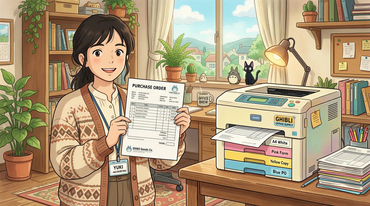 Studio Ghibli aesthetic. An office worker holding up a freshly printed purchase order sheet next to a printer with colored paper trays. Soft lighting, cozy workspace, warm and inviting color palette.