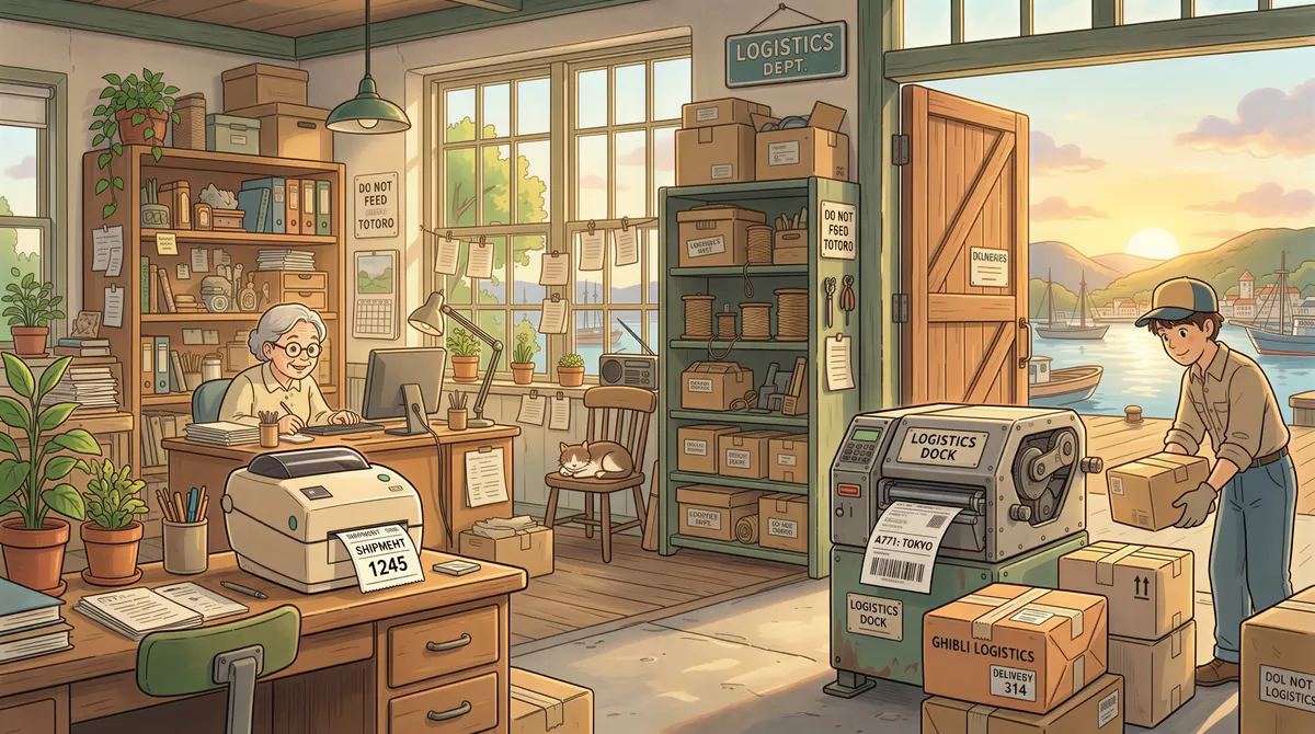Studio Ghibli aesthetic. A tidy logistics room showing two distinct, charming vintage-style printers — one by the loading dock door and one in the quiet office. Warm golden hour light streaming through windows, soft pastels.