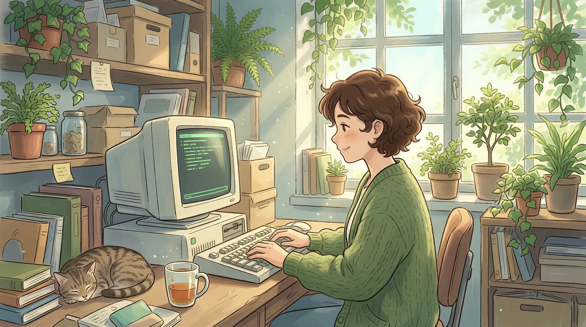 Studio Ghibli aesthetic. A relaxed warehouse desk worker typing calmly on a vintage-style computer, free from stressful email interruptions. Sunlight filtering through leafy window plants, serene mood.
