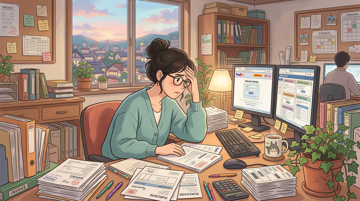 Studio Ghibli aesthetic. A logistics desk covered in various printed invoices and purchase orders, with a friendly office worker looking overwhelmed by multiple vendor portals. Warm pastel tones, soft indoor lighting, natural elements like a potted plant on the desk.